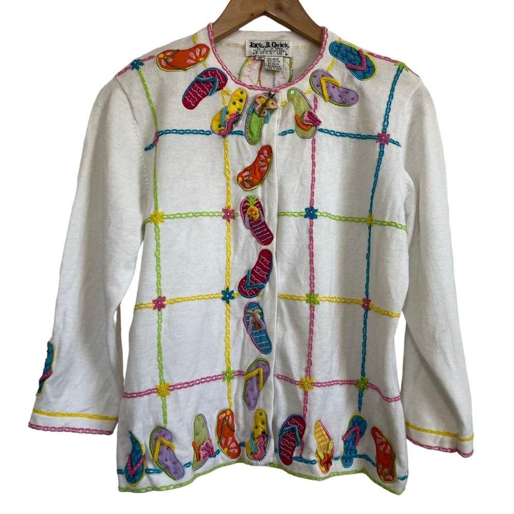 Jack B Quick White Cardigan Sweater Colorful Embroidery Appliqué Slippers Medium